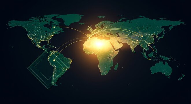 Illuminated World Map with Glowing Connections, Global Network, Dark Background.