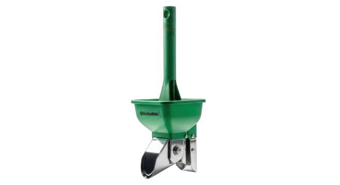 Green tool handle above cone feeding into metallic spout on mounted bracket