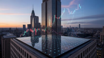 Cityscape view from rooftop with financial graph overlay reflecting in the surface below at dusk