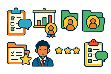 Business and teamwork flat icon set: productivity, employee, file management
