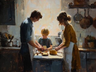 Parents playing with their son in the kitchen