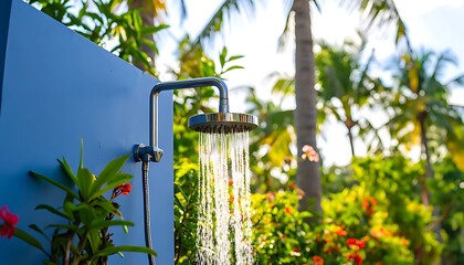 Outdoor shower head with water spraying against a blue wall.
