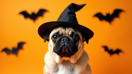 Cute pug dressed as a witch with black hat and bats on orange background