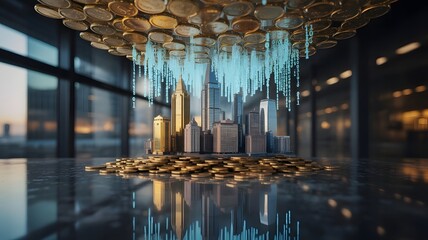 Cityscape model on coins with binary code falling from coins on a reflective surface in a blurred setting