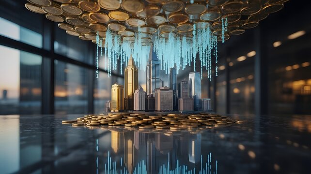 Cityscape model on coins with binary code falling from coins on a reflective surface in a blurred setting
