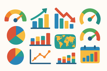 Obraz premium Data analysis flat icon set. graph, chart, statistics, metrics, report icons collection
