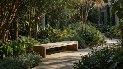 A wooden bench sits on a stone path surrounded by lush green plants and trees in a tranquil garden setting