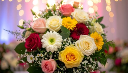 A vibrant bouquet of roses, daisies, and other flowers in various colors creates a cheerful and welcoming visual.