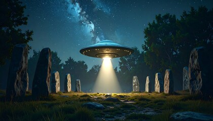 Mysterious spacecraft hovers over ancient stone circle under a starry night sky.
