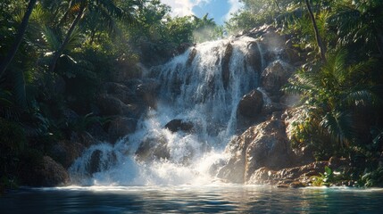 A powerful waterfall flowing from a rocky cliff into the heart of a lush forest. Tranquil escape, natural wonder.