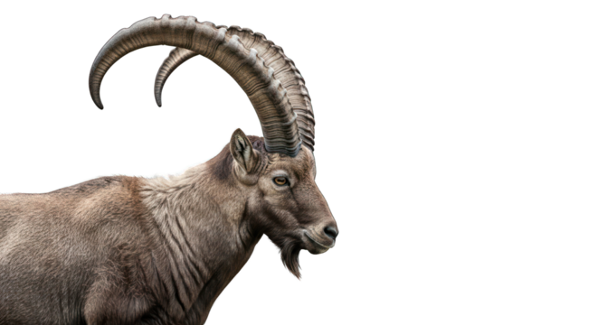 Ibex profile on black. Massive, curved horns dominate