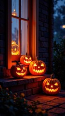 Vertical photo. Glowing pumpkins with carved faces on the doorstep of a house on Halloween evening. Traditional home decoration