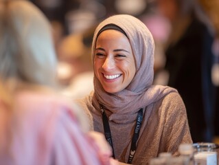 Smiling Muslim businesswoman sharing and talking during a networking event