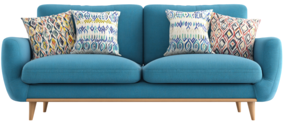 Teal sofa with patterned throw pillows