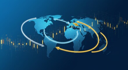 Global Connectivity - Interconnected World Map with Flowing Arrows and Financial Data.