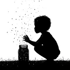 Silhouette of Child Releasing Fireflies from Jar - Summer Night Magic and Childhood Wonder (Black and White Illustration)
