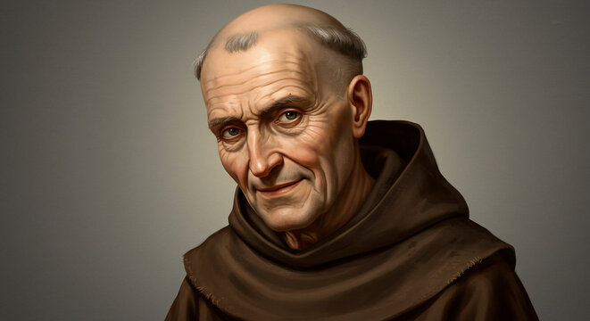 Portrait of an elderly monk in a brown habit, with a shaved head and a gentle smile
