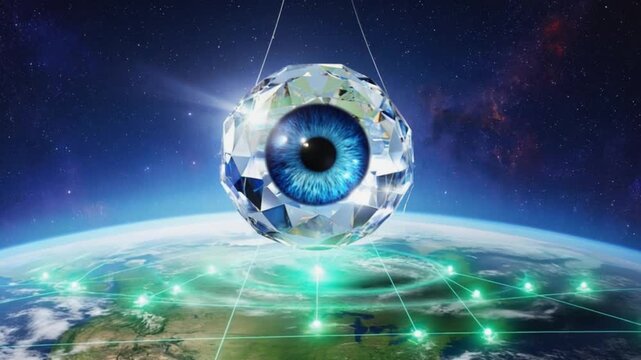 A large, crystal-like eye suspended above Earth, surrounded by a digital network of green lights in space