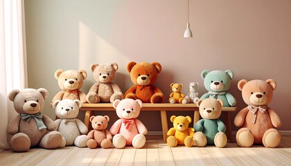 A variety of plush teddy bears of different sizes and colors in a child's room.