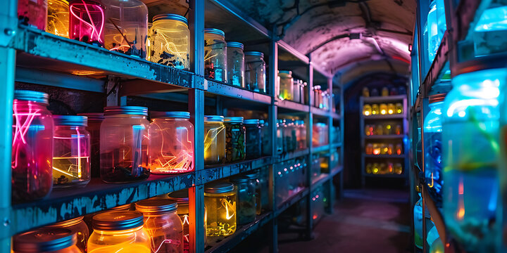 "Neon-Lit Jars on Metal Shelves in an Eerie Futuristic Storage Room"