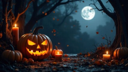 Spooky halloween night with glowing jack-o'-lanterns and full moon in forest