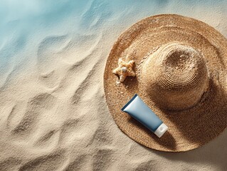 Summer straw hat and sunscreen cream lotion, beach sand. Sunbathing, skincare, UV rays sun protection, vacation, leisure near the sea concept