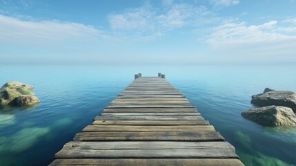 Naklejka premium A wooden dock stretching into calm blue-green waters, with rocky shores in the distance. Peaceful seascape, coastal serenity.