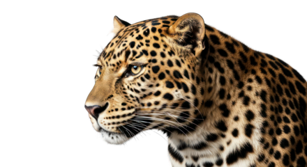 Leopard headshot, side view, tan fur with black spots, black background