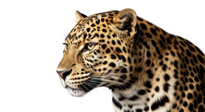 Leopard headshot, side view, tan fur with black spots, black background