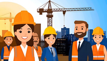 Construction workers team up in a city background.