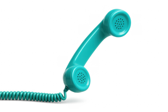 Turquoise vintage telephone receiver with cable on transparent background