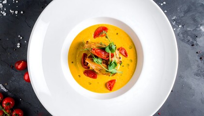 Creamy, vibrant soup garnished with roasted tomatoes and herbs.