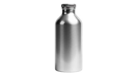 Metal bottle sleek, silver, cylindrical body with curved shoulders