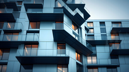 Unique architectural design of blue building with protruding windows in urban setting during daytime