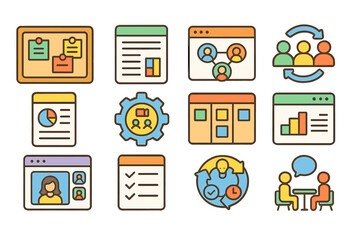 Business, organization filled icon set. management, teamwork graphics with filled details