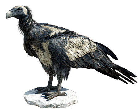 Majestic bird of prey perched on a rock, featuring dark plumage and hooked beak