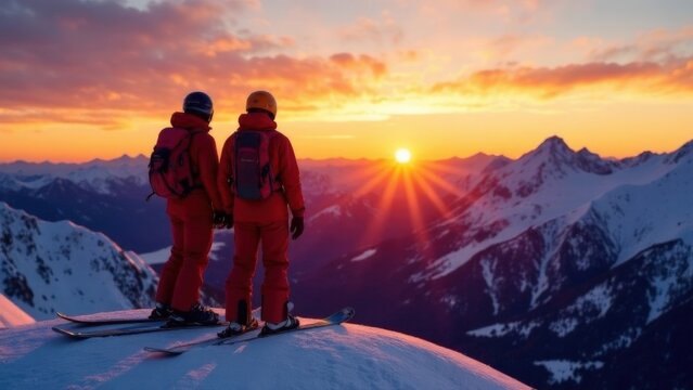 Two skiers admiring sunset on snowy mountain peak - Powered by Adobe