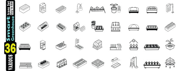 Collection of Isometric Line Art Icons Representing Smart Greenhouse and Hydroponic Farming Elements
