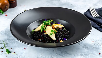 Black risotto dish with pears and cheese on a dark plate.