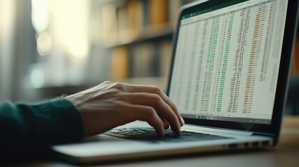 Fingers typing on a laptop as spreadsheets and graphs fill the screen. Sleek desk setup, corporate analysis.