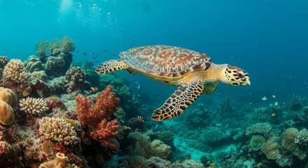 Obraz premium Hawksbill Sea Turtle Gracefully Navigating Vibrant Coral Reef.