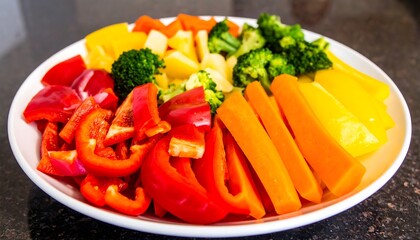 A vibrant platter displays sliced colorful vegetables, including red bell peppers, yellow bell peppers, orange carrots, and broccoli florets, arranged in a circular pattern on a white plate.