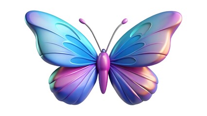 Iridescent butterfly with blue and pink wings on white background