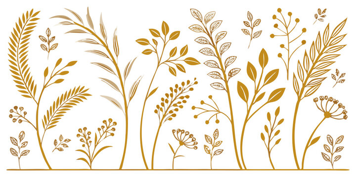 golden botanical illustration setisolated on white background.