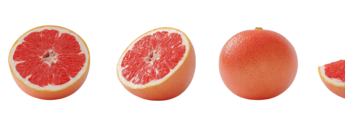 Grapefruit slices arranged horizontally.  A?horizontal?arrangement?of?three?grapefruit?halves?and?a?quarter?slice.?Vibrant?reddish-pink?flesh