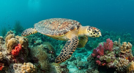 Graceful Hawksbill Turtle Gliding Over Vibrant Coral Reef, Turquoise Waters.