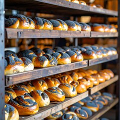 Freshly baked rolls on shelves