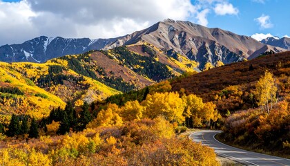 A winding mountain road cuts through a vibrant landscape of golden aspen trees and autumnal hues, framed by towering peaks and a partly cloudy sky.