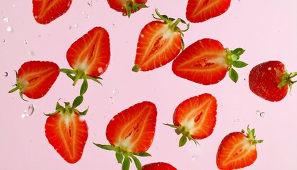 Fresh strawberry halves, vibrant red, float in a gentle pink liquid, showcasing water droplets and juicy detail.