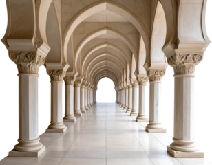 Grand Marble Corridor with Symmetrical Columns and Vaulted Arches Architectural Illustration Isolated on Transparent Background